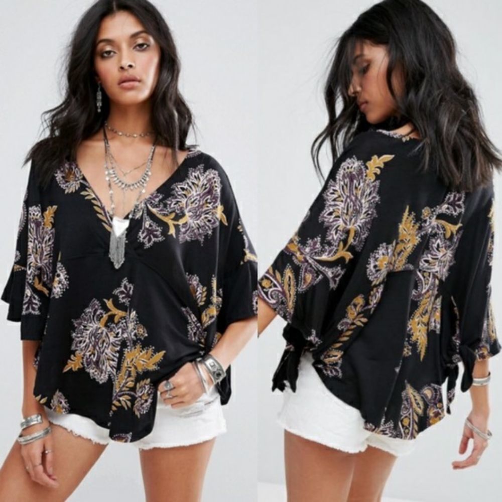 Free People Black Floral Print Short Sleeve Wrap Top